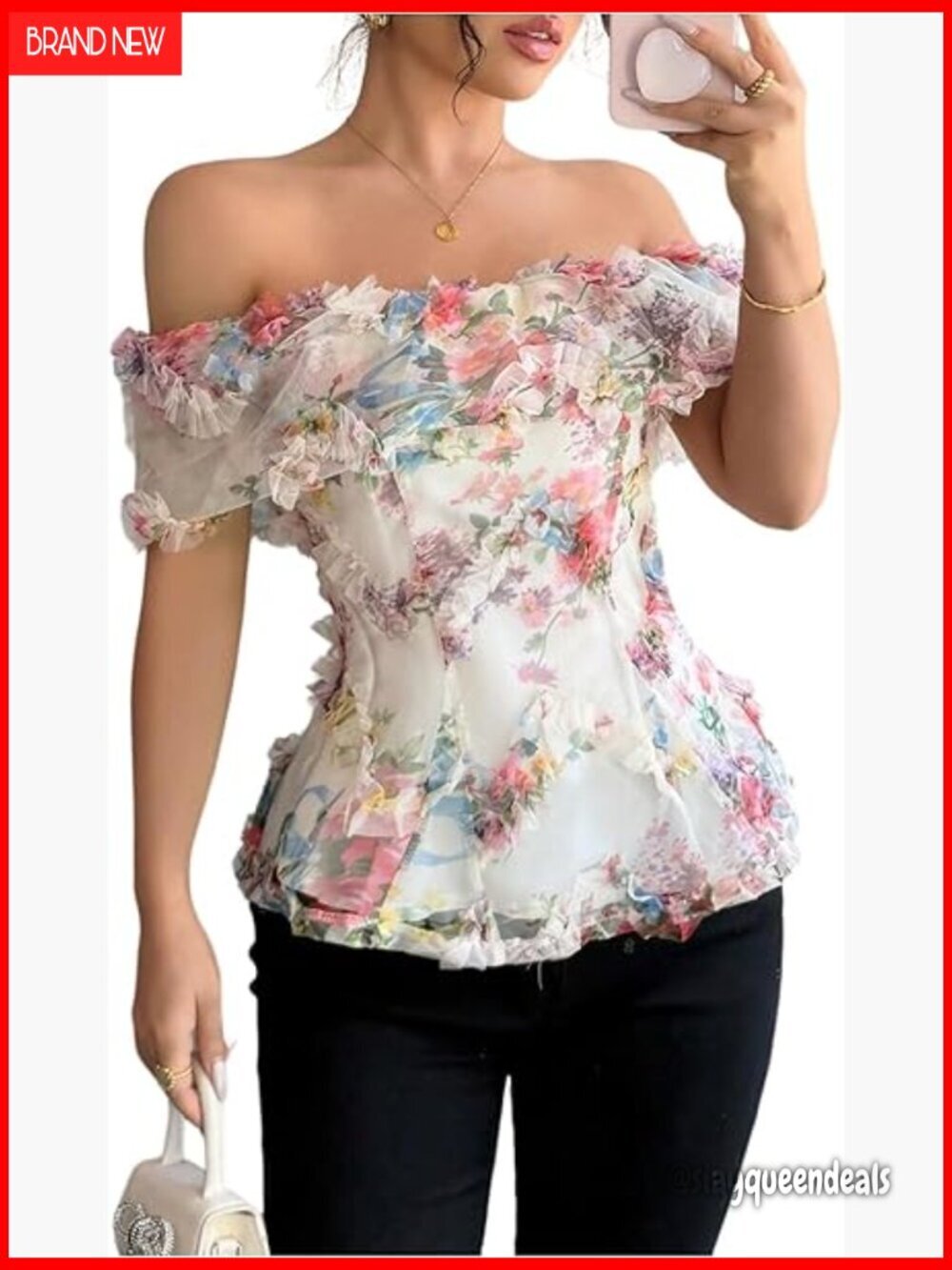 Floral Mesh Off Shoulder Blouse Boho Frill Trim Short Sleeve Top